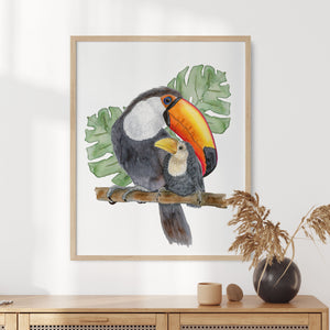 a painting of a mom and baby toucan sitting on a branch