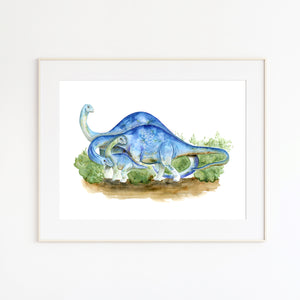 a painting of a blue dinosaur laying on the ground