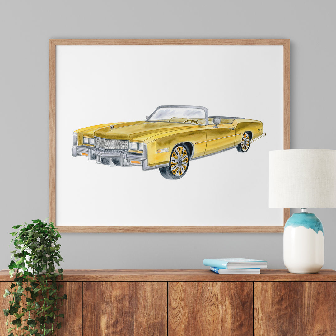 a painting of a yellow car on a wall