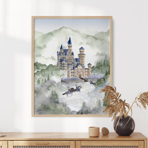 a painting of a castle on a white wall