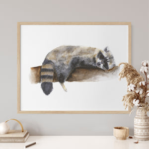 a painting of a raccoon resting on a branch
