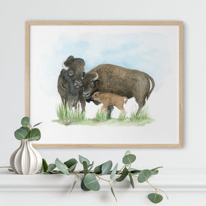 a painting of a buffalo and her calfs in a field