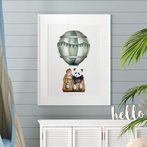 Green Hot Air Balloon with Baby Animals Nursery Decor