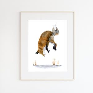 Jumping Fox in Snow Watercolor