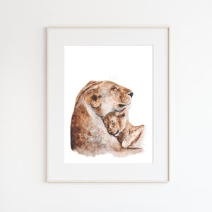 Mom and Baby Lion Watercolor Print
