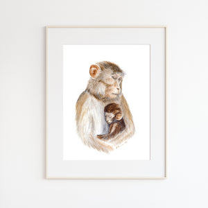 Mom an Baby Monkey Watercolor 
