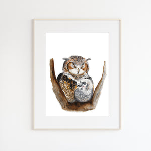 Mom and Baby Owl Watercolor Print
