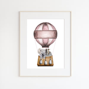 Pink Hot Air Balloon with Animals Watercolor Print