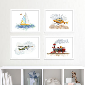 Set of 4 prints in transportation painting series